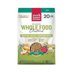 The Honest Kitchen Clusters para cachorros en bolsa de 20 libras, almacenamiento conveniente.