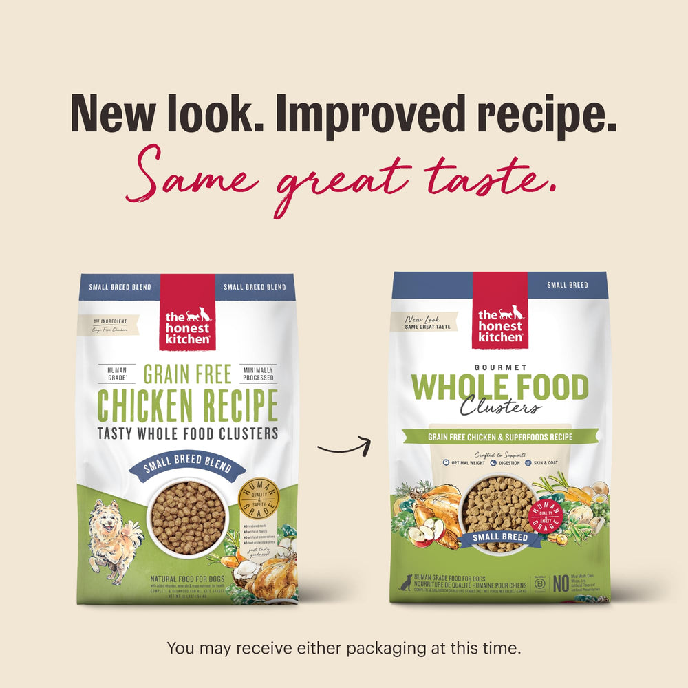 The Honest Kitchen Clusters grado humano con pollo, ingredientes seguros para perros exigentes.