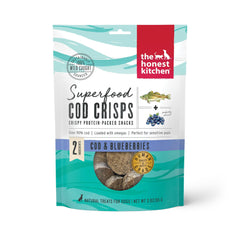 The Honest Kitchen Cod Crisps pack-shot : friandises cabillaud et myrtille faciles à partager