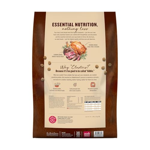 Etiqueta de The Honest Kitchen Essential Clusters destaca ingredientes de res y pollo.