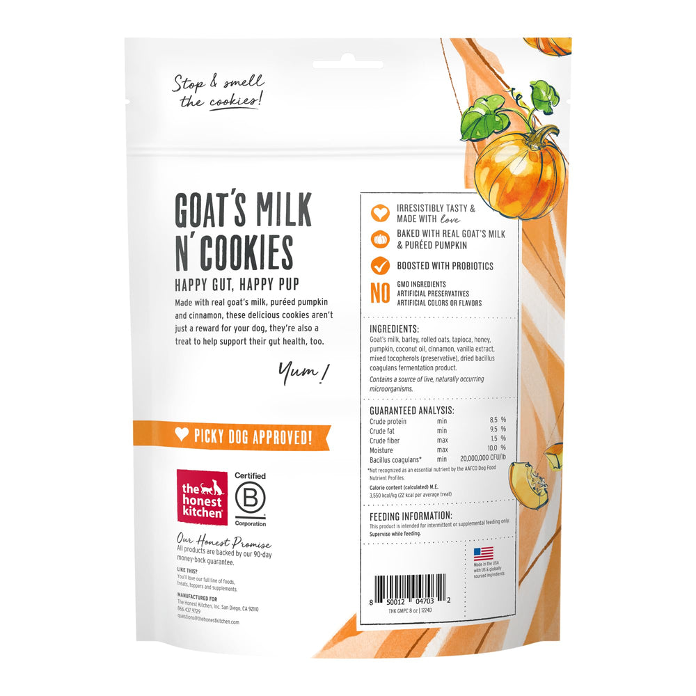 The Honest Kitchen goats milk n cookies slow bake biscuit — comforting pumpkin flavor for dogs.