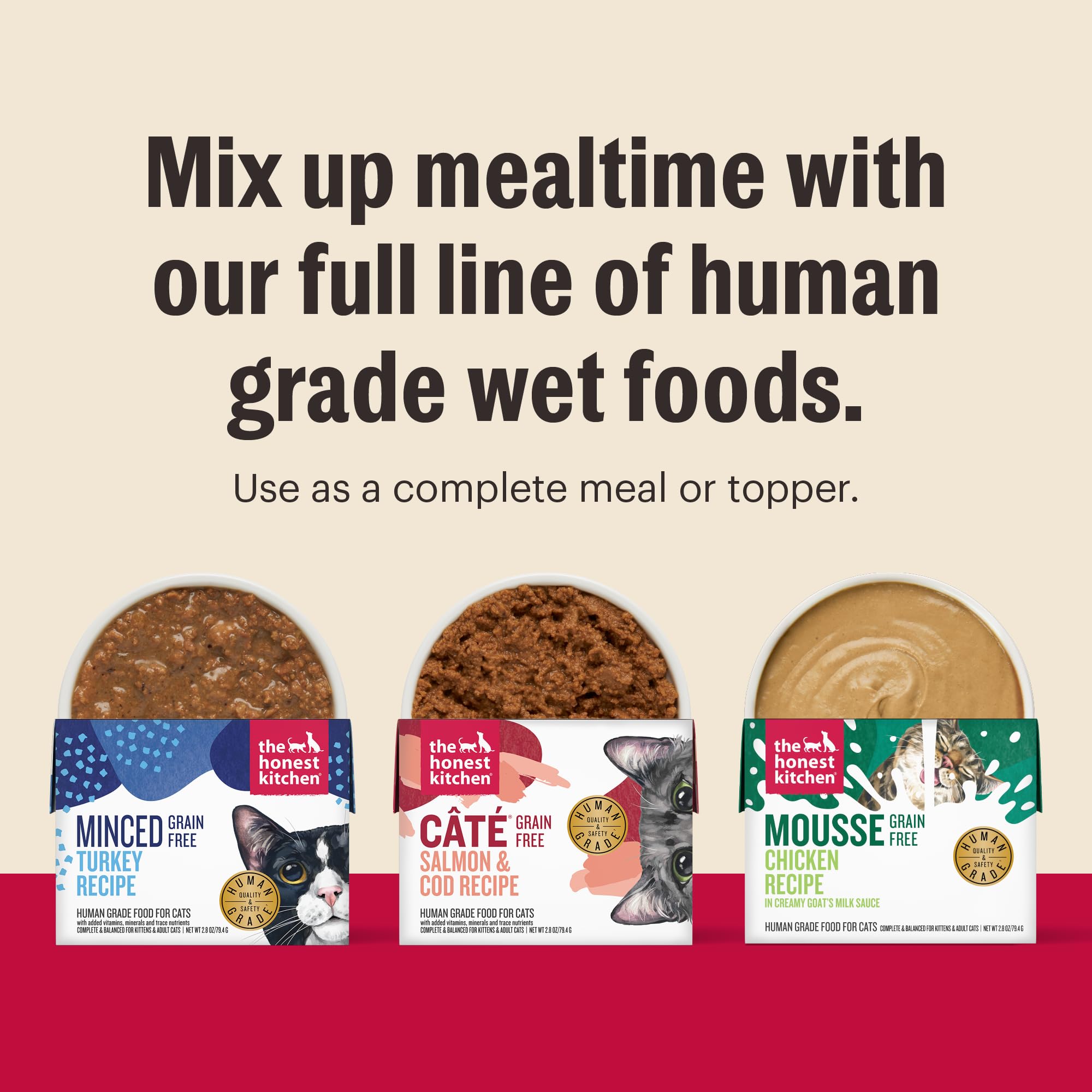 The Honest Kitchen porciones listas para servir, complemento diario ideal para gatos.