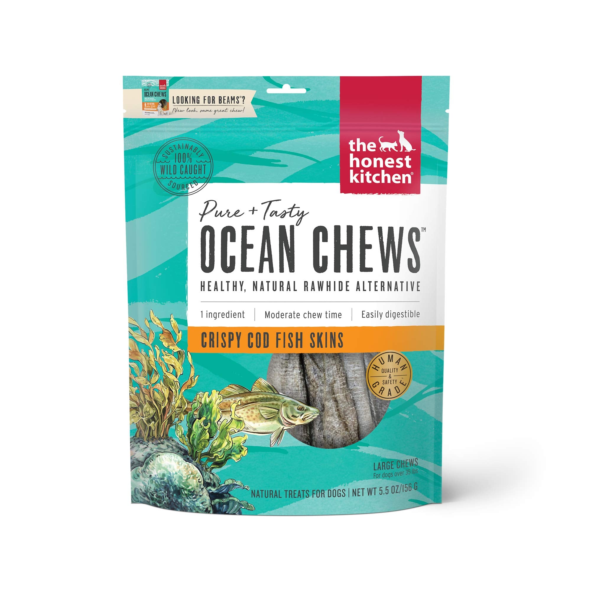 The Honest Kitchen pieles de bacalao crujientes en bolsa, snack natural para perros.