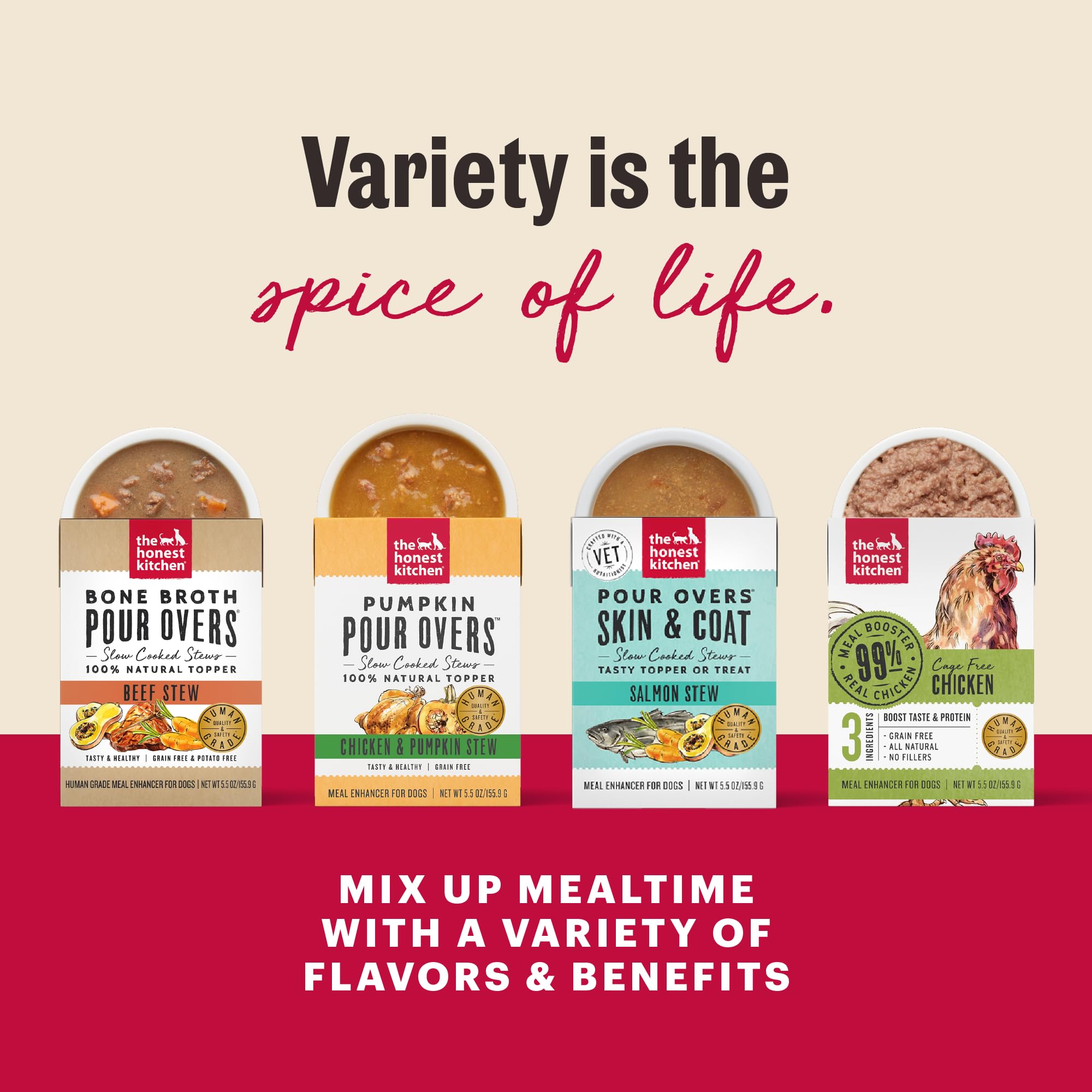 The Honest Kitchen Pour Overs, fuente de proteína y vegetales, apoya comidas balanceadas para perros.