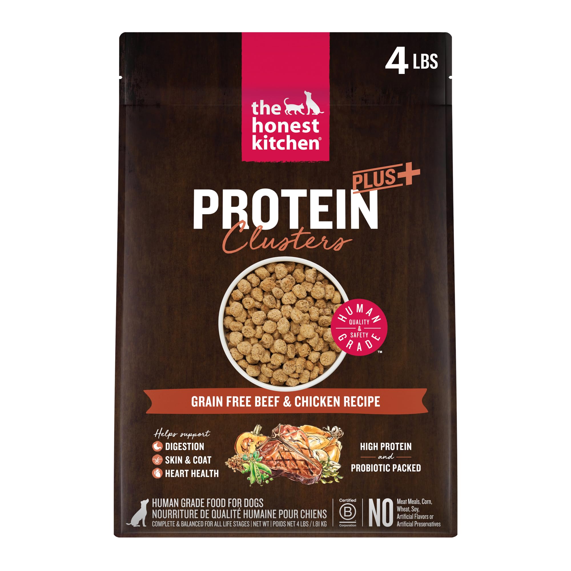The Honest Kitchen Protein Plus+ Clusters en bolsa, carne y pollo para perros activos.