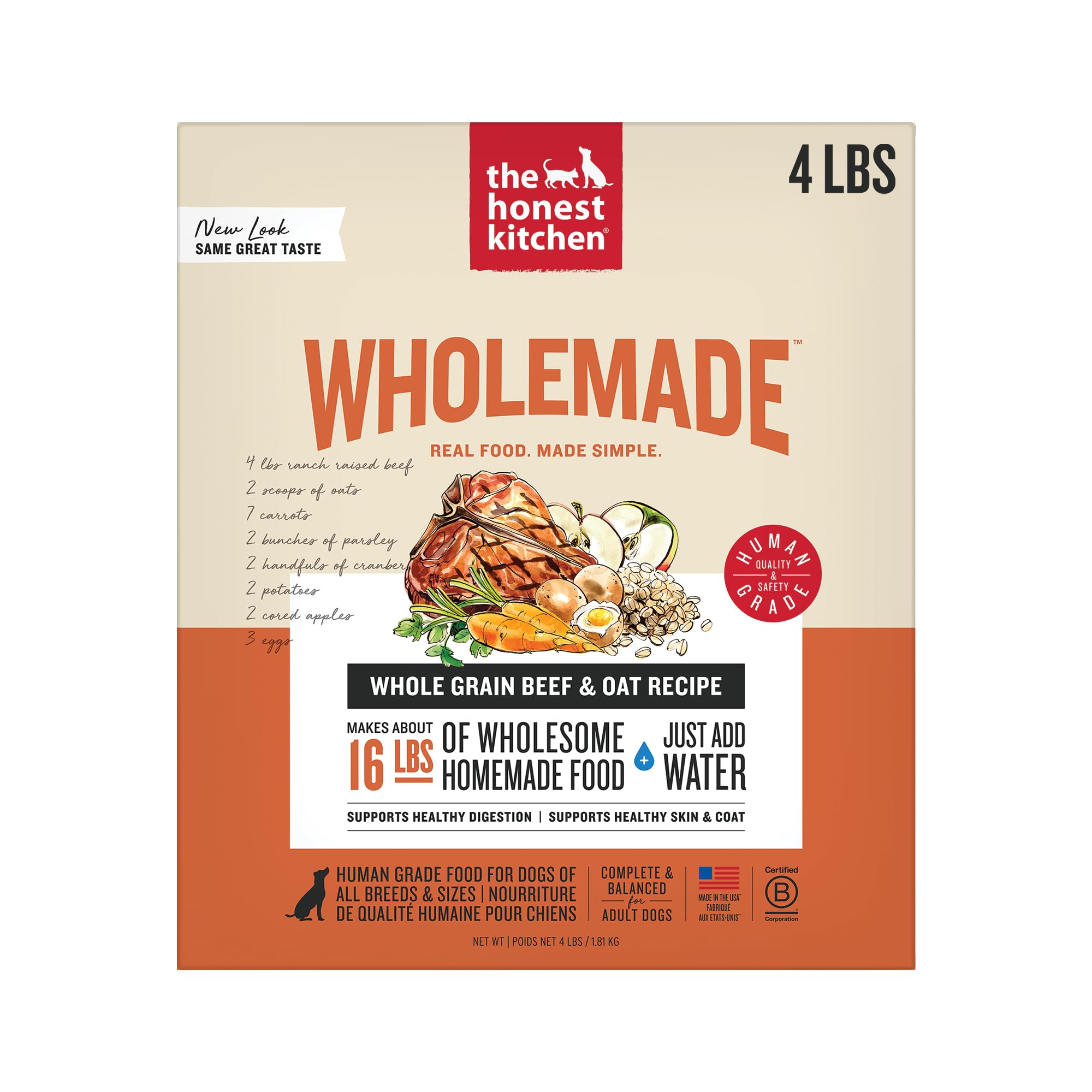 The Honest Kitchen Wholemade deshidratado para perros, con res y avena, listo para rehidratar.