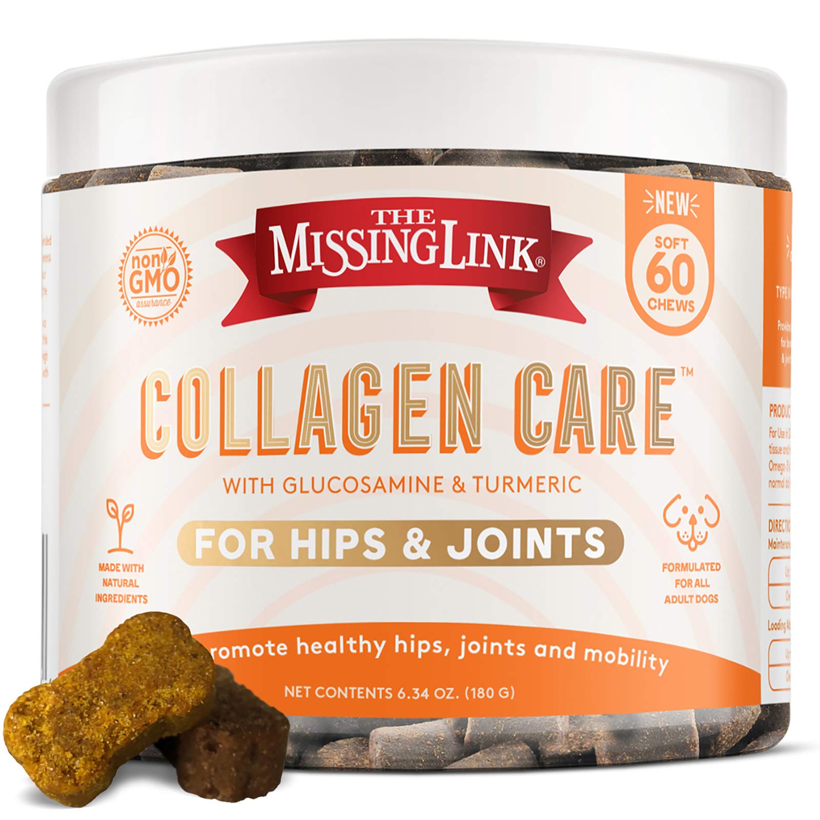 The Missing Link Collagen Care: mano sosteniendo el envase, snack saludable para perros activos.
