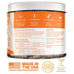 The Missing Link Collagen Care: perro feliz comiendo gominolas, apoyo suave a la movilidad.