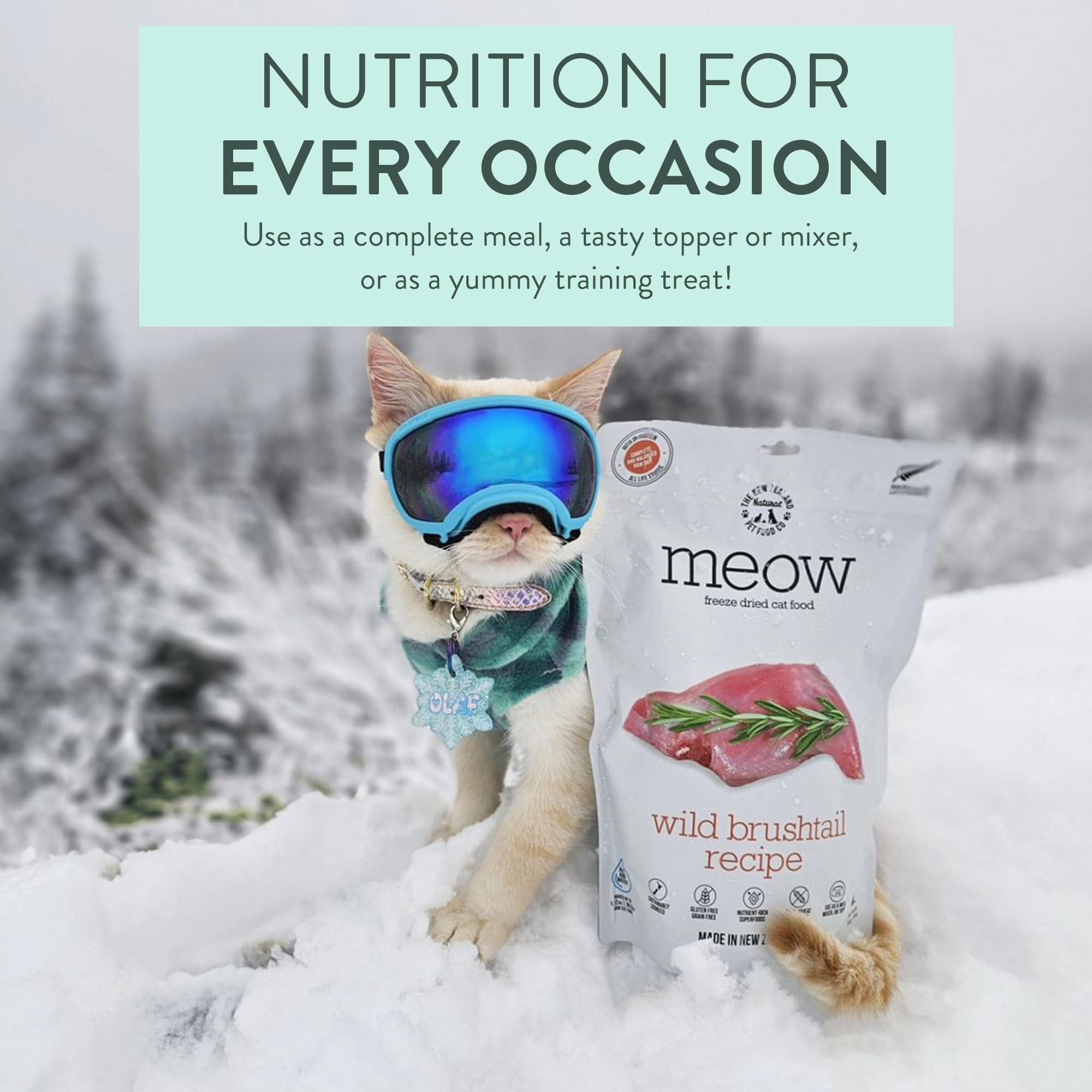 Meow liofilizado de The New Zealand Natural Pet Food Co, alta proteína.