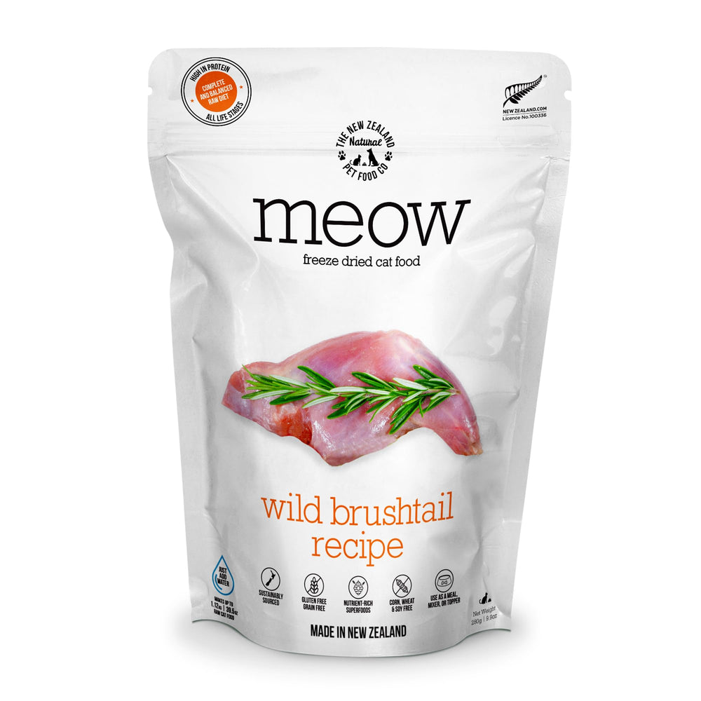The New Zealand Natural Pet Food Co Meow, empaque visible, conserva frescura para gatos.