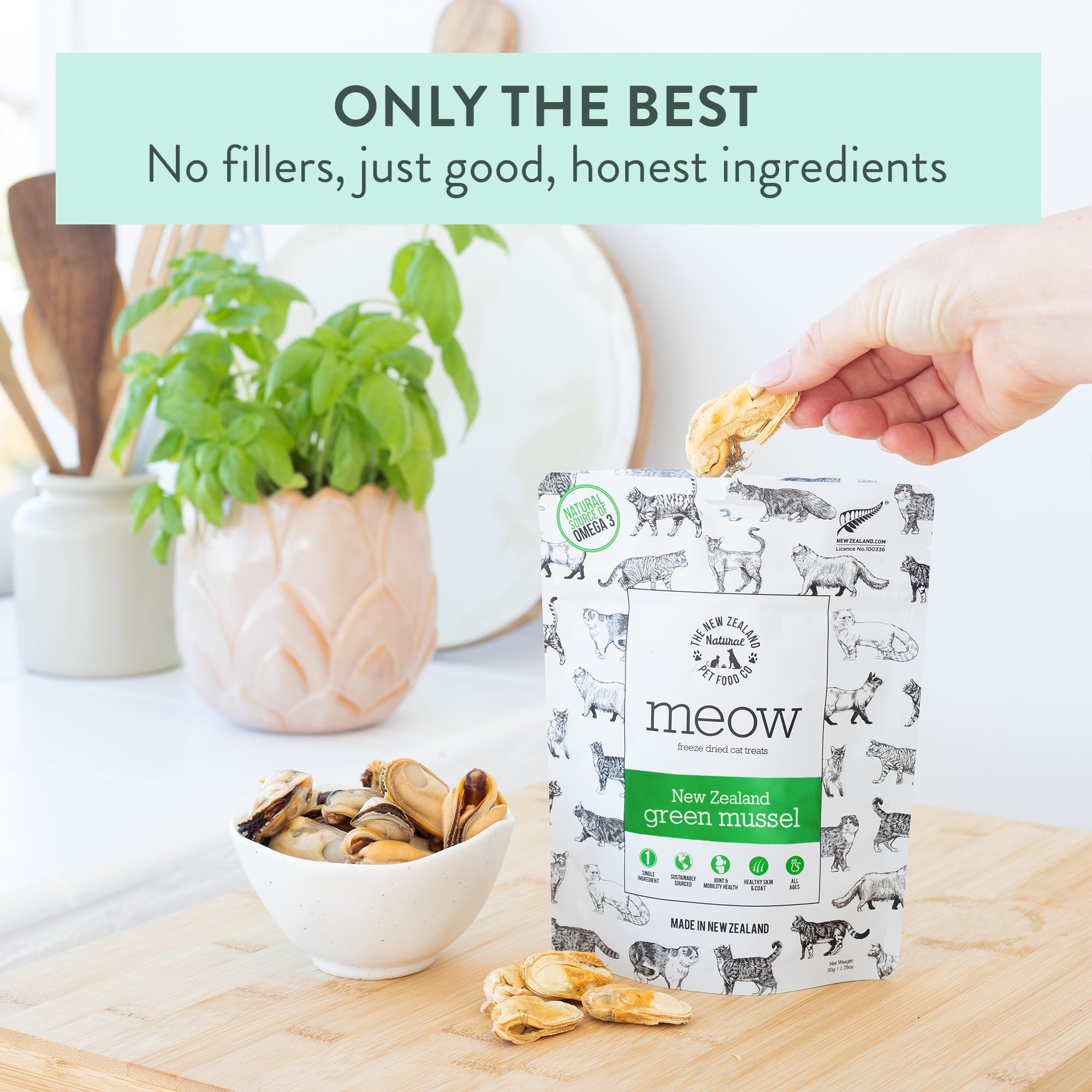 The New Zealand Natural Pet Food Co Meow premiar durante el entrenamiento con mejillón verde