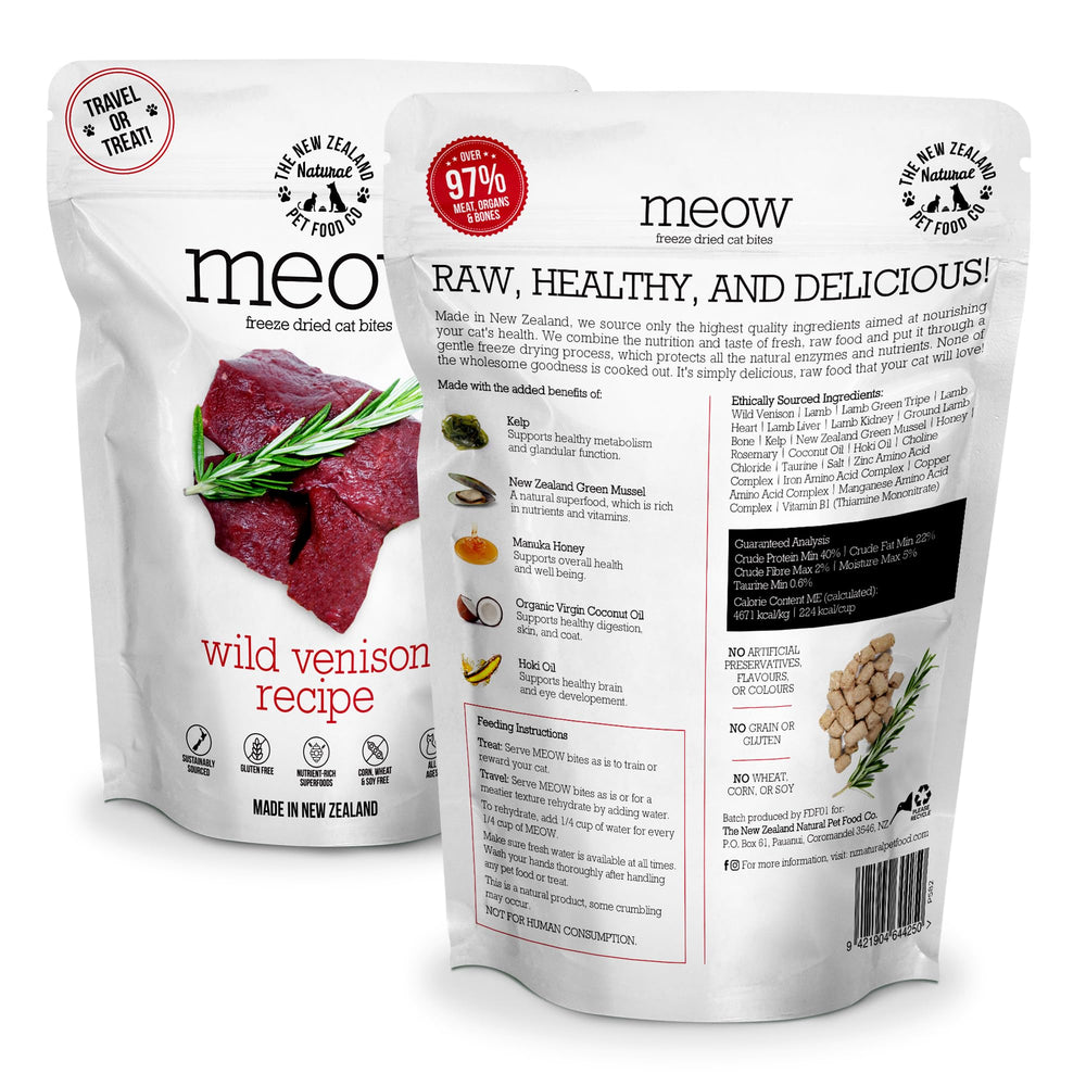 The New Zealand Natural Pet Food Co Meow bocados de ciervo salvaje para premiar con moderación