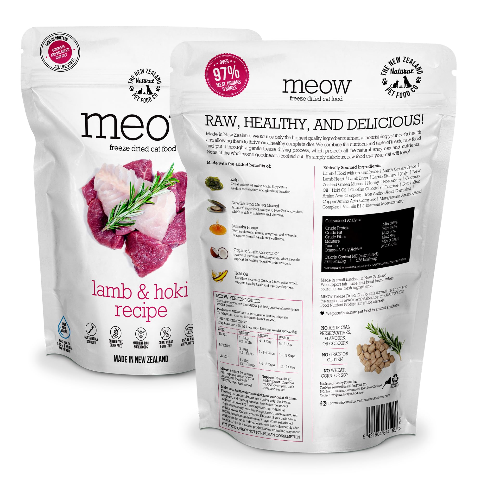 The New Zealand Natural Pet Food Co. Meow liofilizado alto en proteína para gatos activos.