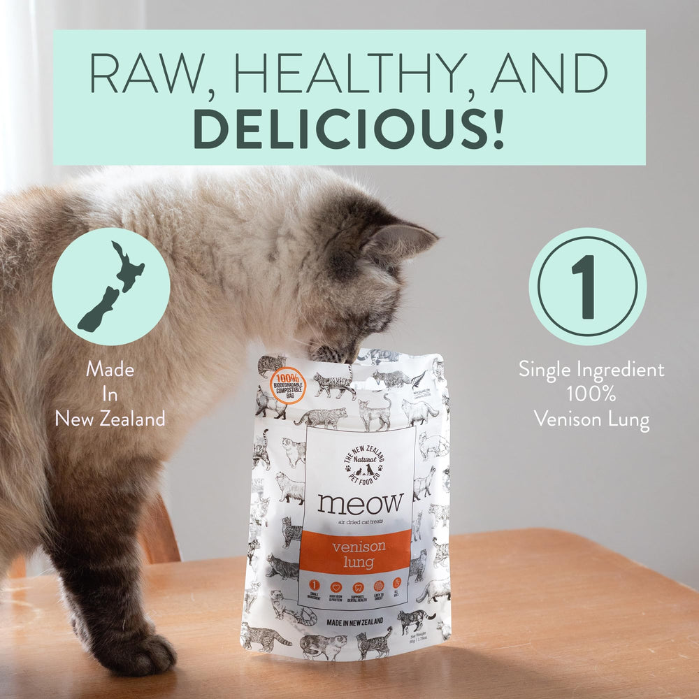 Meow pulmón de venado, alimento sencillo y saludable para gatos con sensibilidades.