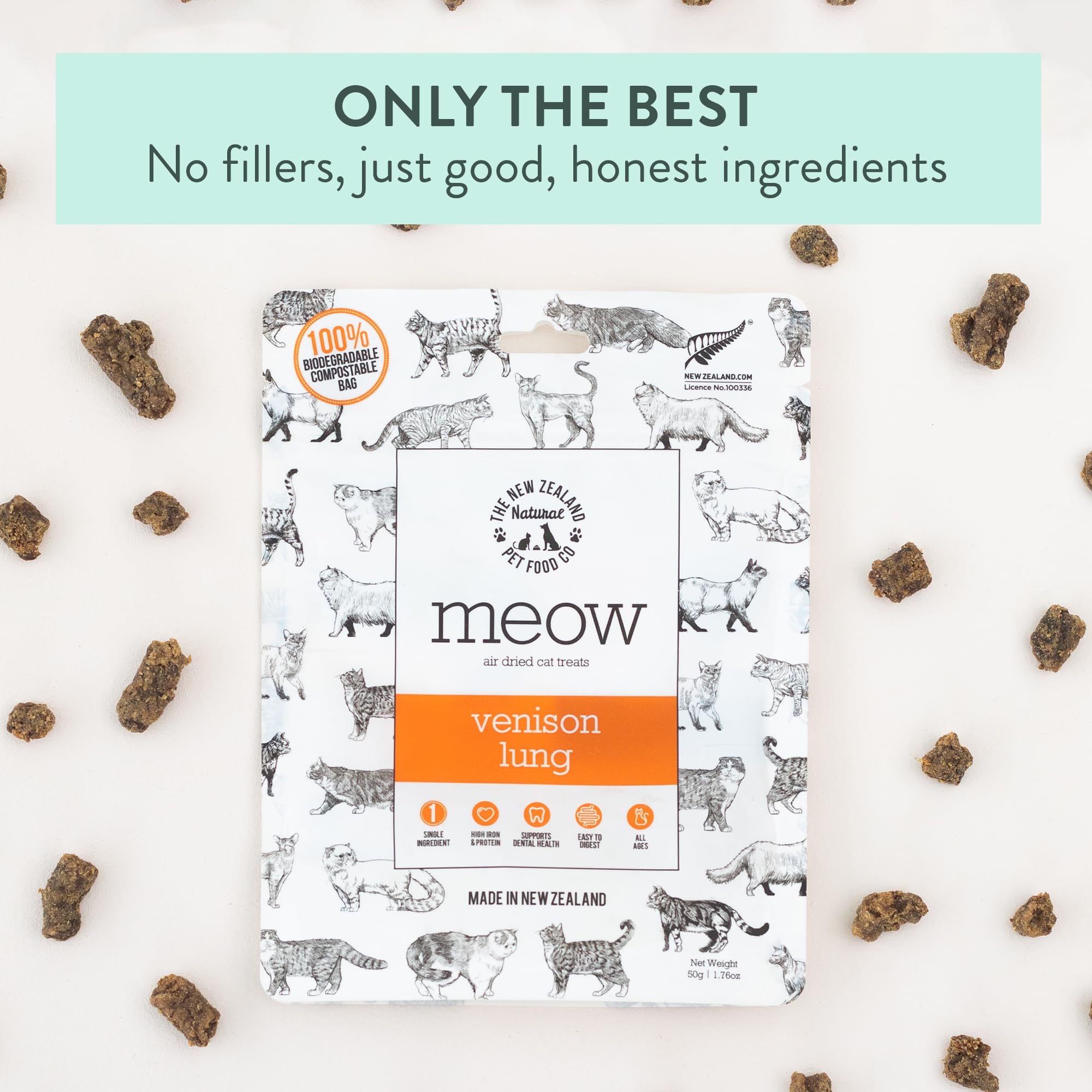 The New Zealand Natural Pet Food Co Meow, pulmón de venado, sin conservantes artificiales.