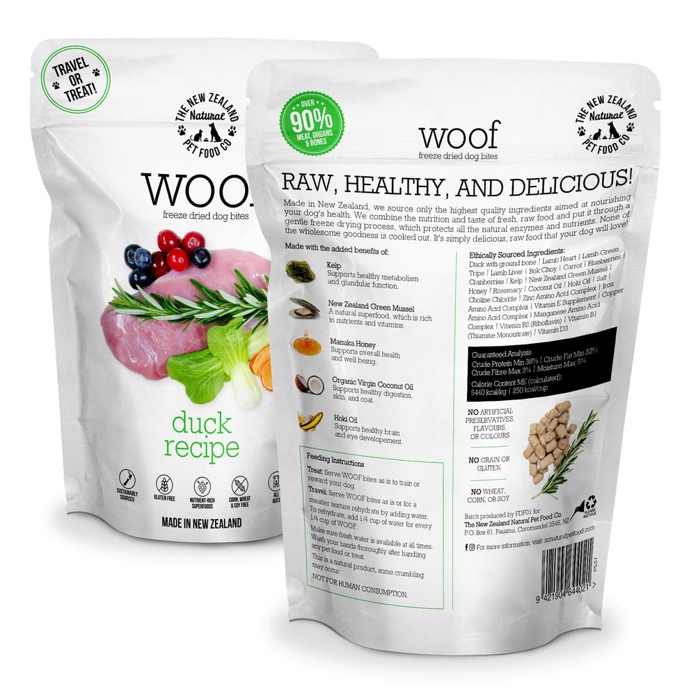 The New Zealand Natural Pet Food Co. pato liofilizado, envase de 1,76 onzas.