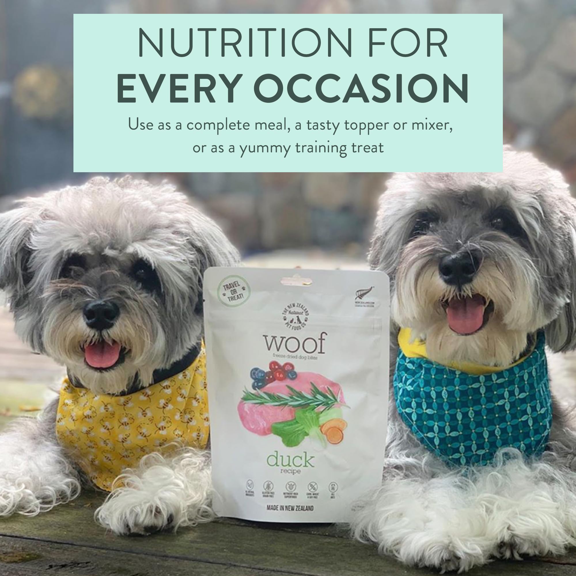 The New Zealand Natural Pet Food Co. pato liofilizado, ingredientes naturales visibles.