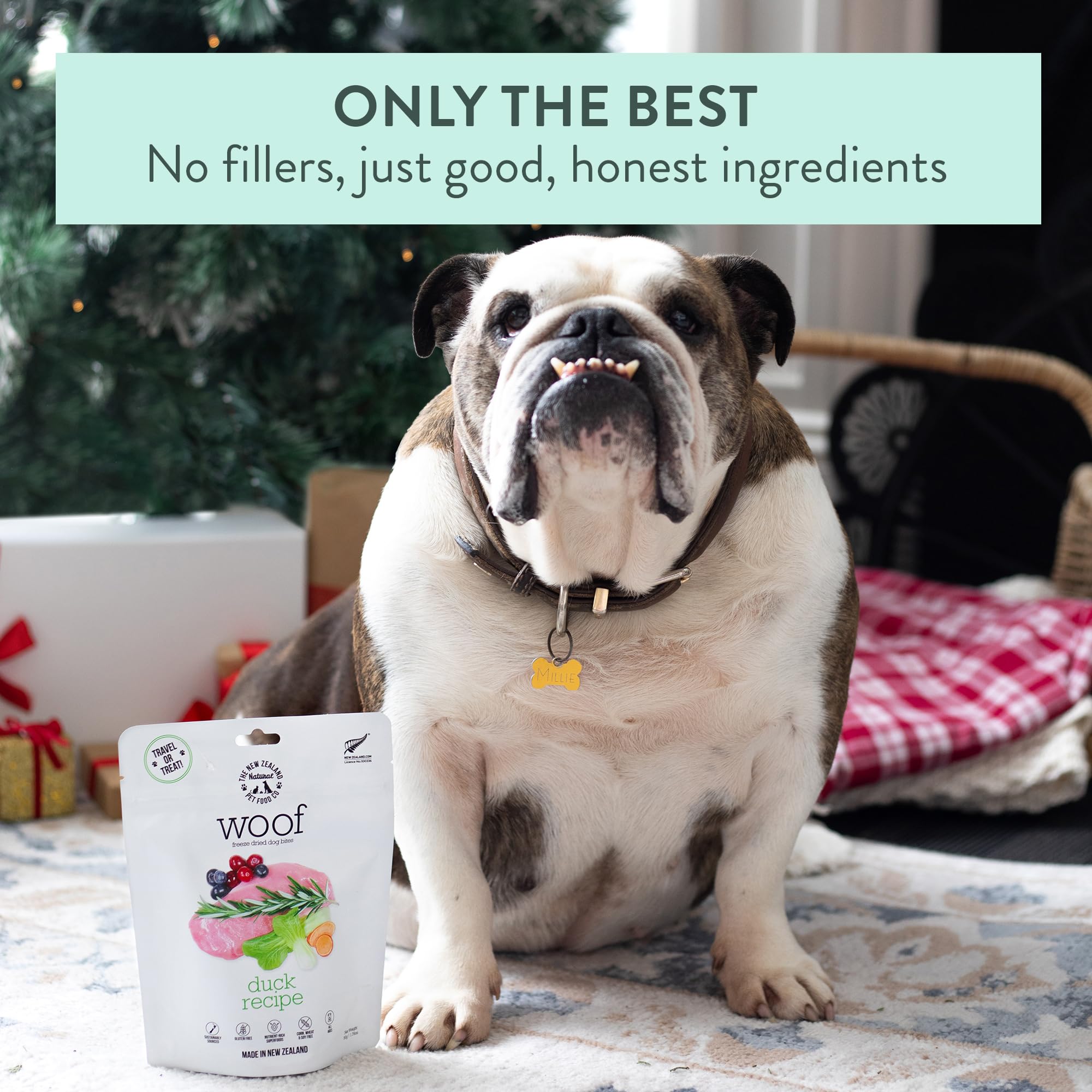 The New Zealand Natural Pet Food Co. Woof liofilizado pato, complemento diario para la comida.