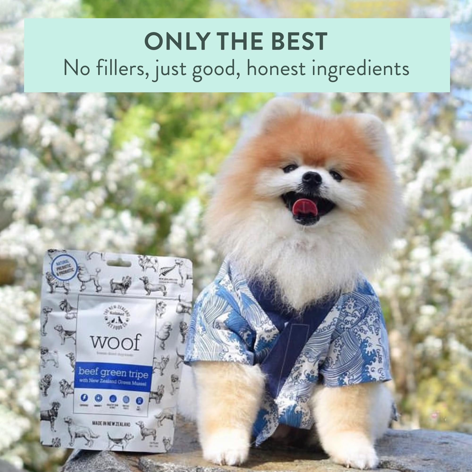Snack sain pour chiens: WOOF tripe boeuf lyophilisé sans artificiels.