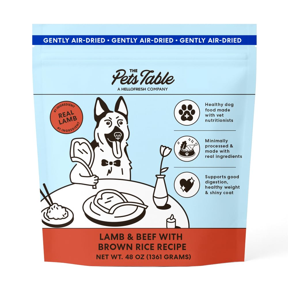 The Pets Table muestra un envase de alimento para perro con cordero, ternera y arroz moreno