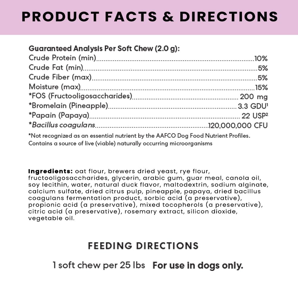 The Pets Table Probiotic Soft Chews: ingrediente clave Fructooligosacáridos para salud digestiva.