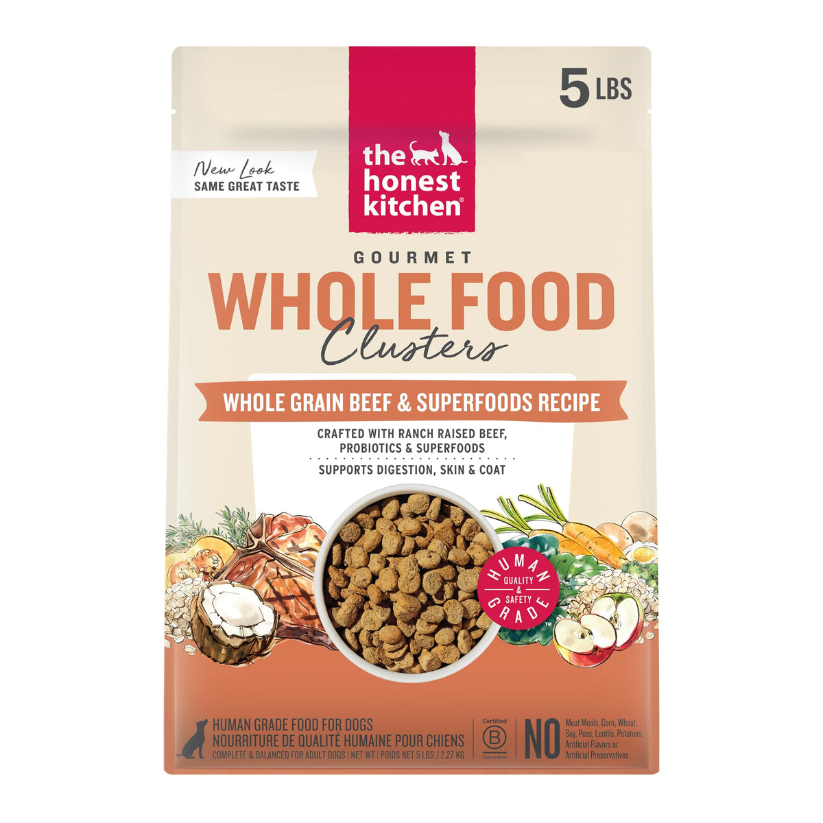 The Honest Kitchen: gránulos carne y avena para perros adultos, enfoque visual en proteína y cereal