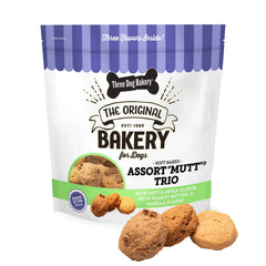 Three Dog Bakery Assort Mutt Trio 48oz bag for tasty rewards during training.