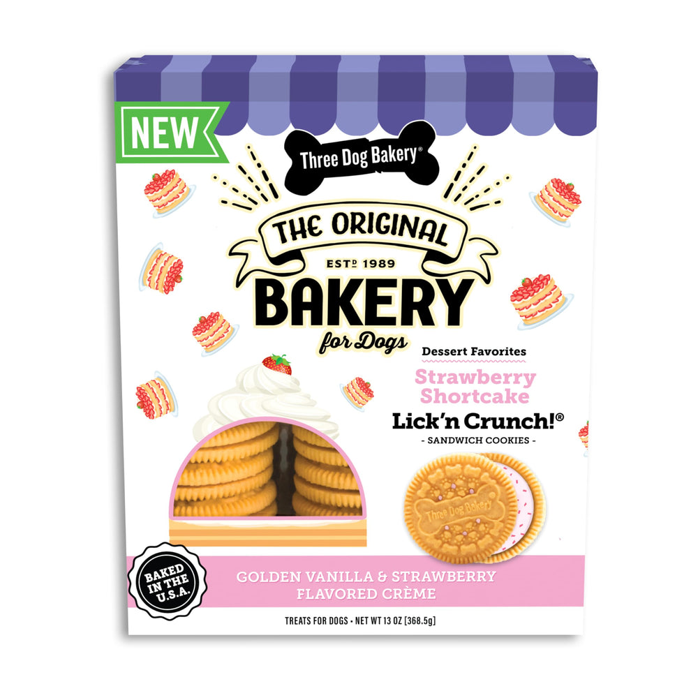 Three Dog Bakery Lick’n Crunch: galletas de fresa y crema, snack tentador para perros.