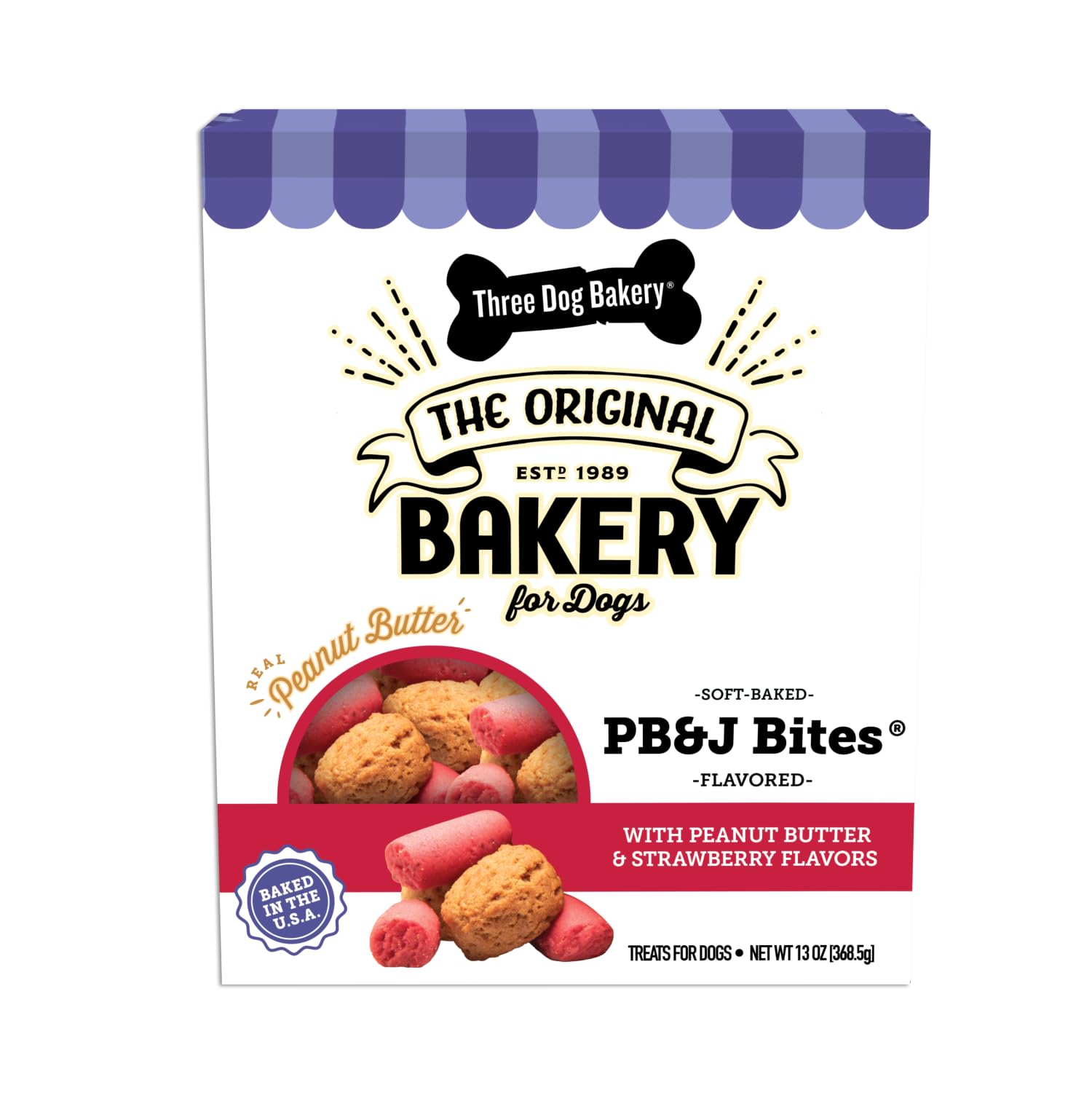 Three Dog Bakery PB&amp;J Bites exterior crujiente y centro suave, recompensa ideal.