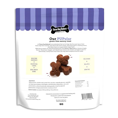 Three Dog Bakery: premio de entrenamiento con pollo y manzana para reforzar conductas.