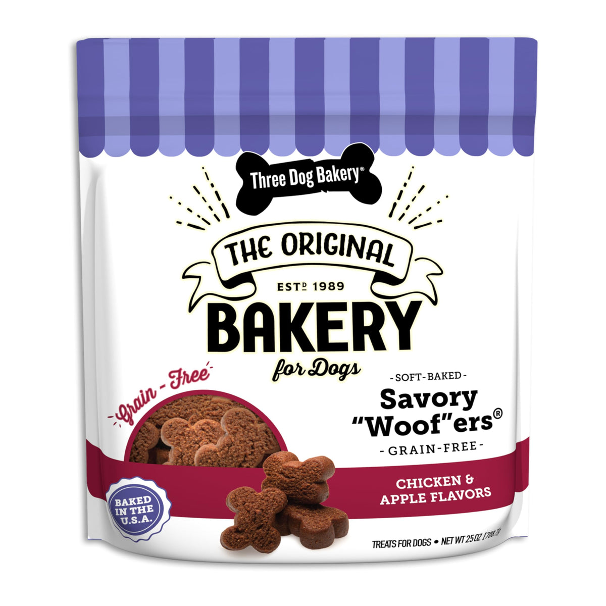 Three Dog Bakery: woof-ers sin grano con pollo y manzana para estómagos sensibles.