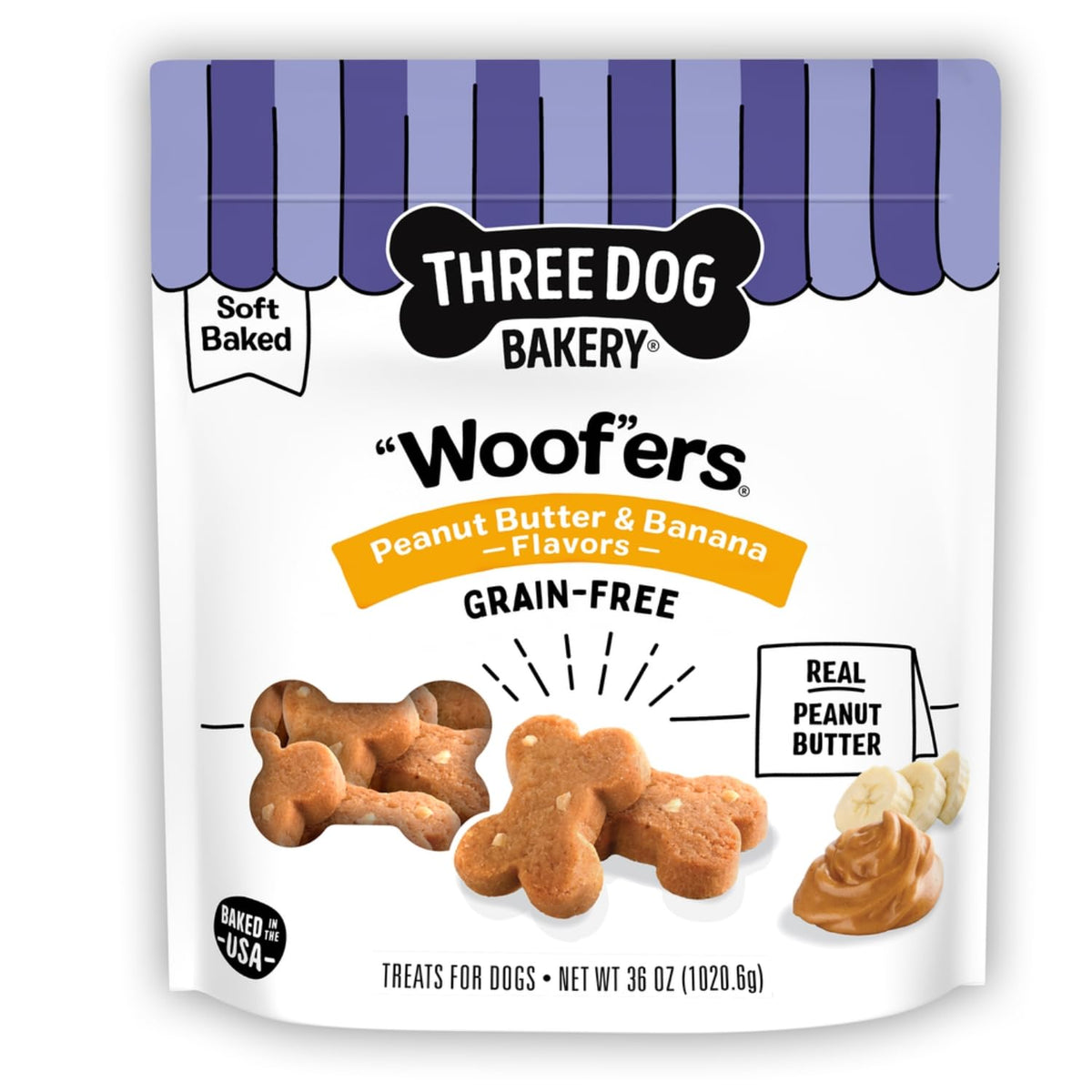 Three Dog Bakery Woofers sin granos: snack sabroso para perros sensibles.