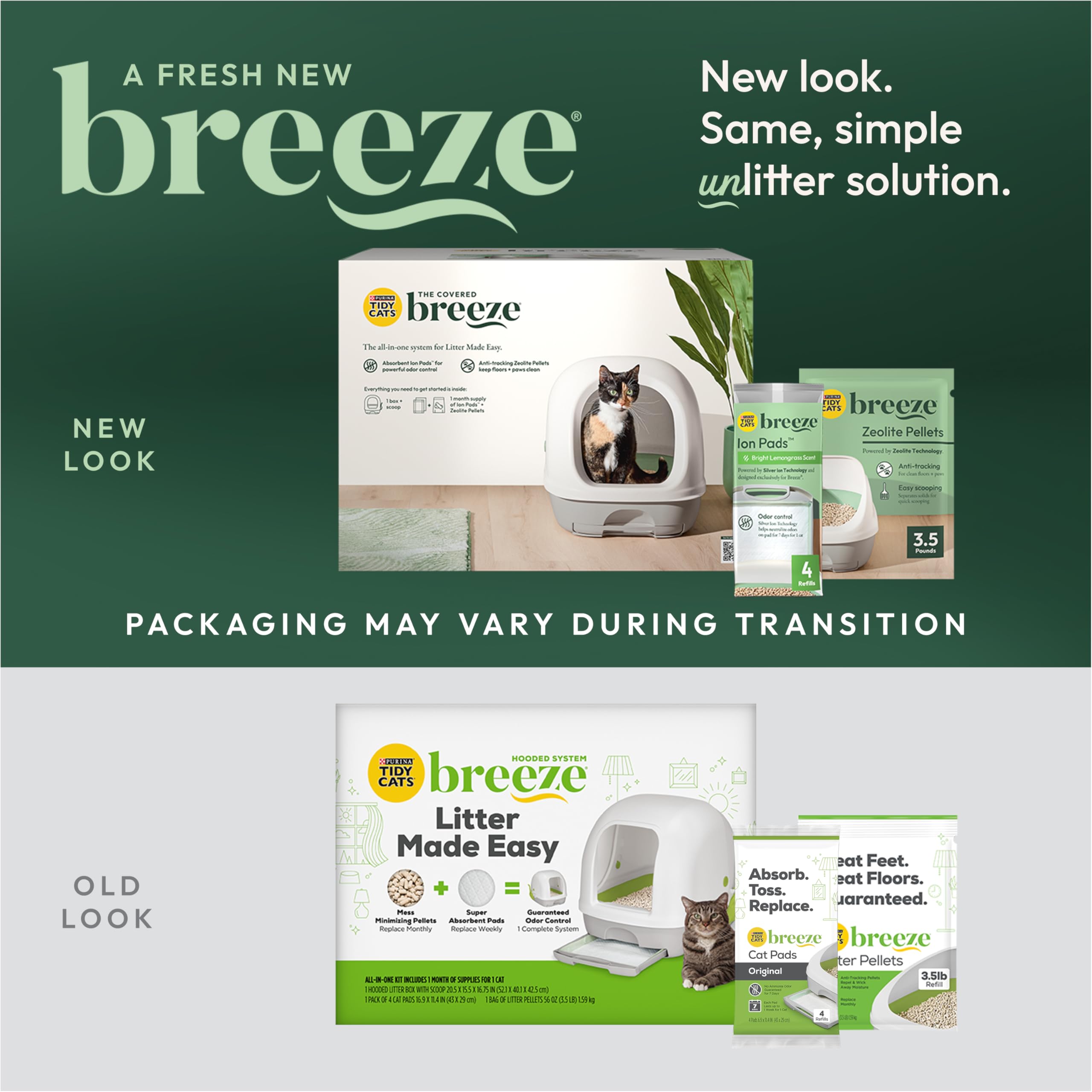 Tidy Cats Breeze, pellets de zeolita; reducen el rastro de arena.
