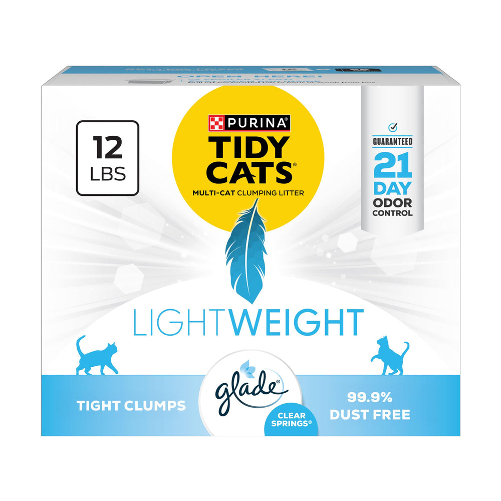 Purina Tidy Cats Ligero con Glade Clear Springs en caja de 12 libras para varios gatos.