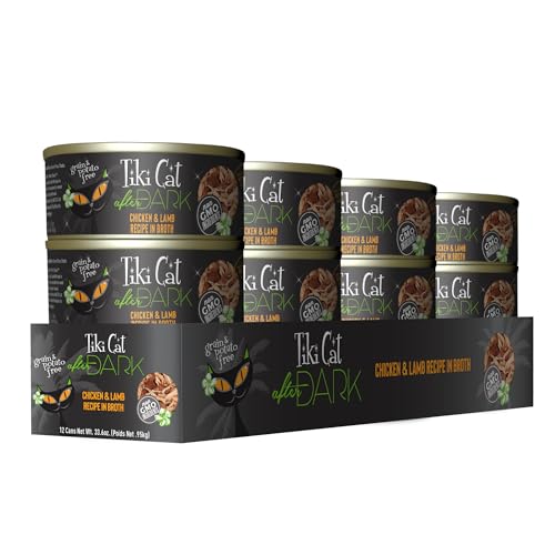 Tiki Cat After Dark, hígado de pollo y mollejas, fuente de nutrientes para piel y pelaje.
