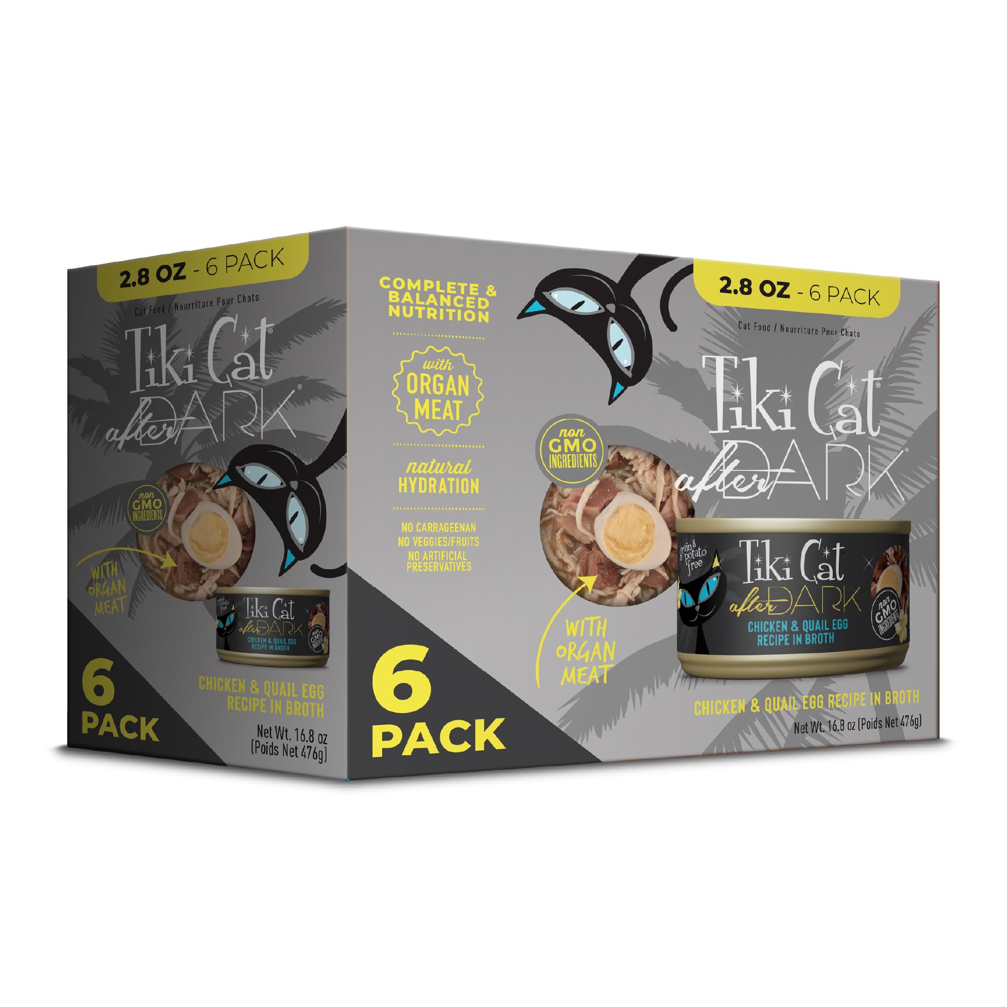 Tiki Cat After Dark: lata de pollo entero y huevo de codorniz, alto en proteína para gatos.