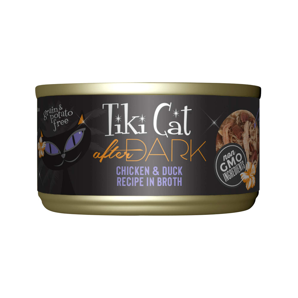 Tiki Cat After Dark: lata de pollo y pato, proteína alta para felinos activos.