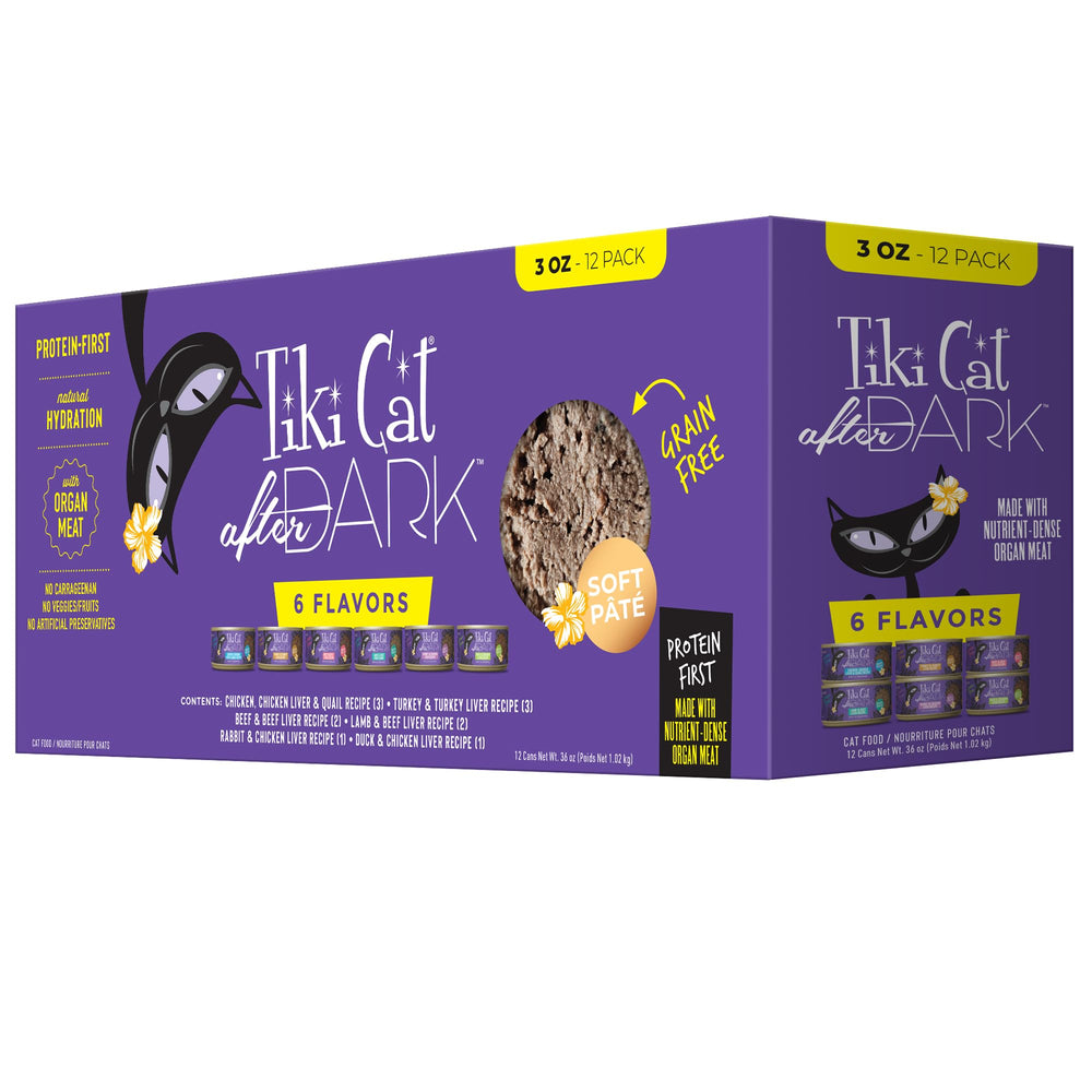 Lata de Tiki Cat After Dark Pâté de 3 oz para gatos adultos, opción proteica.