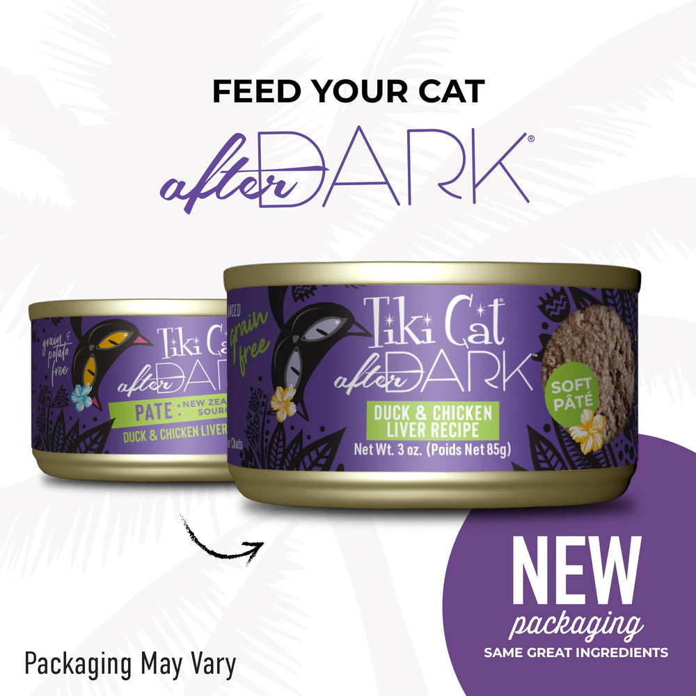 Fórmula sin granos de Tiki Cat After Dark Pate para gatos.