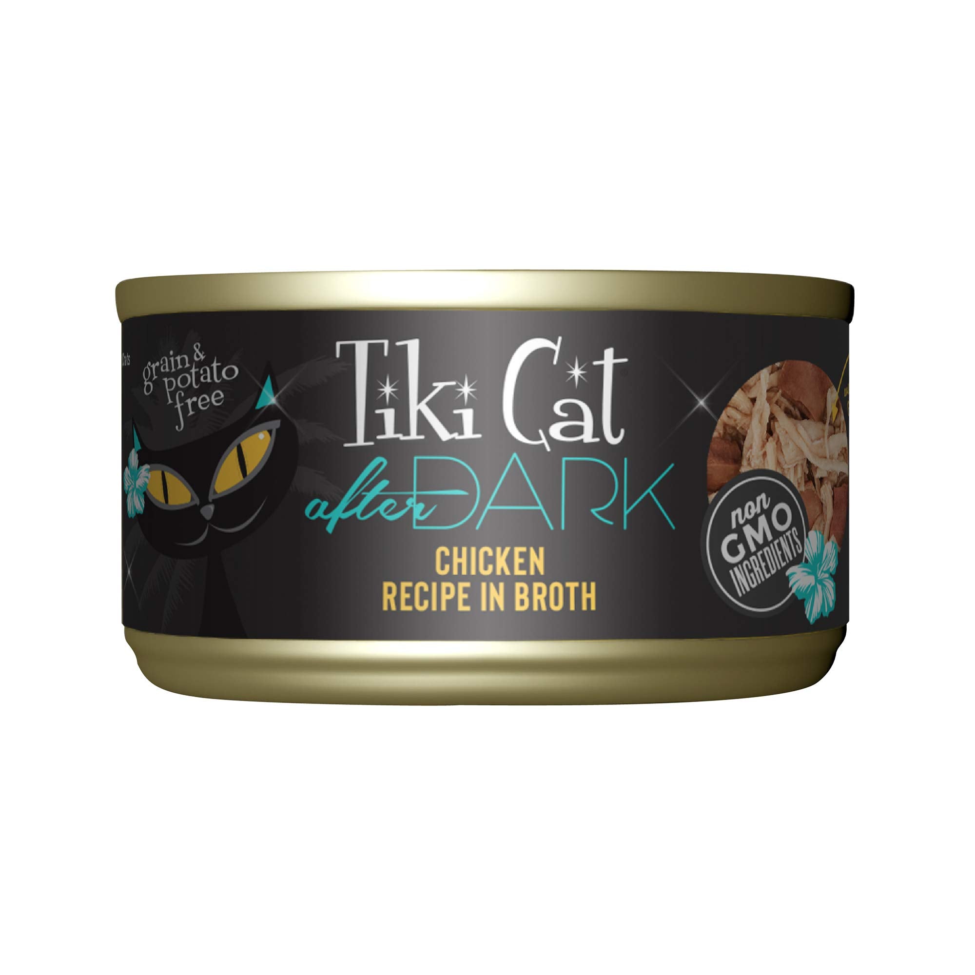 Tiki Cat After Dark con pollo desmechado en caldo, ideal para gatos adultos.