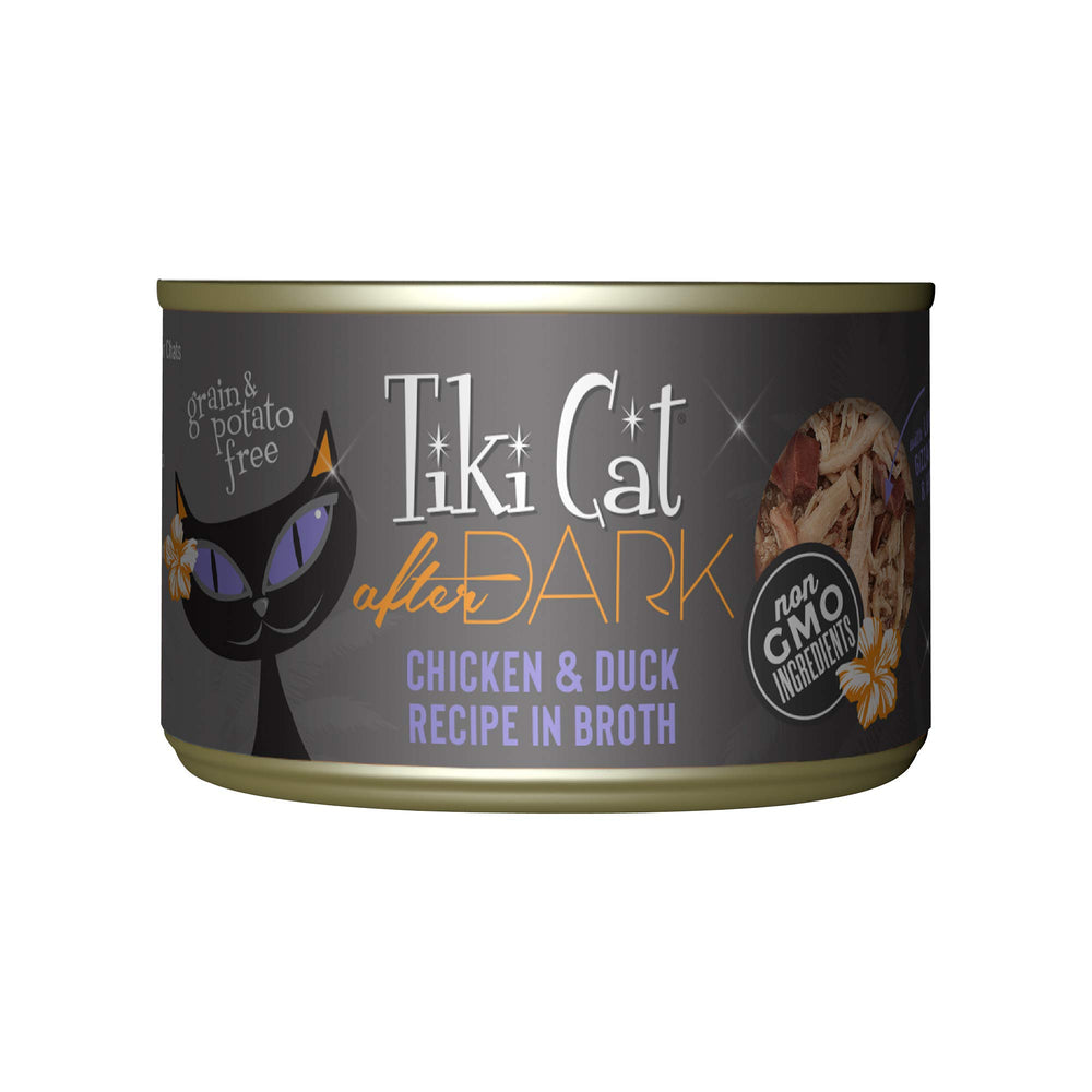 Tiki Cat After Dark trozos de pollo y pato en caldo sabroso para adultos.