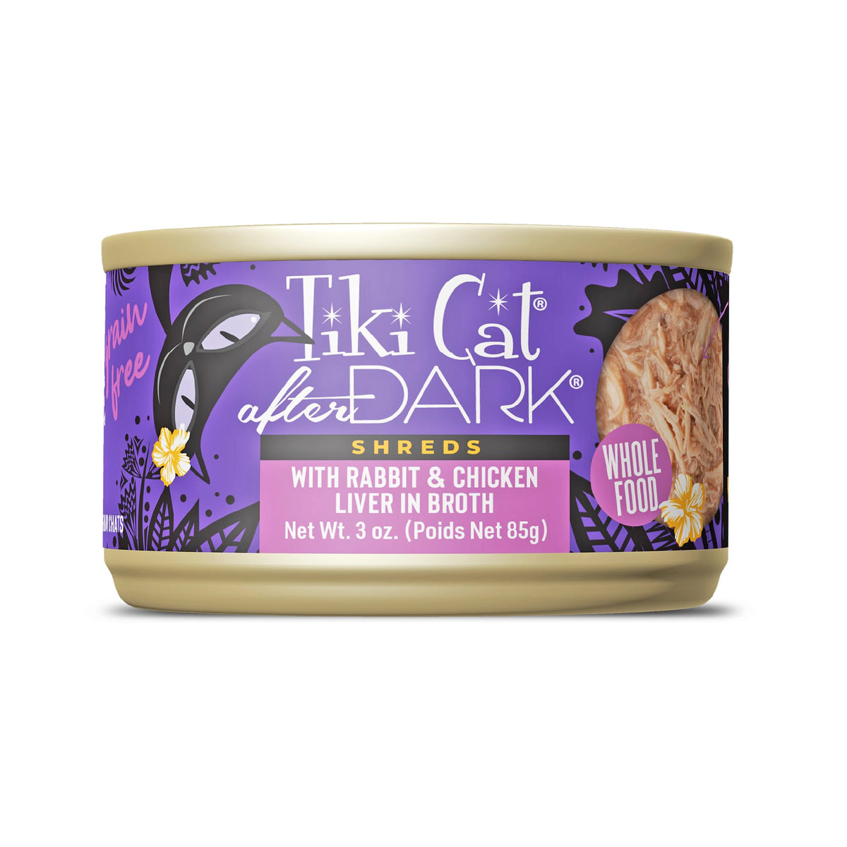 Tiki Cat After Dark Shreds: lata de tres onzas con etiqueta, ideal para snack sabroso