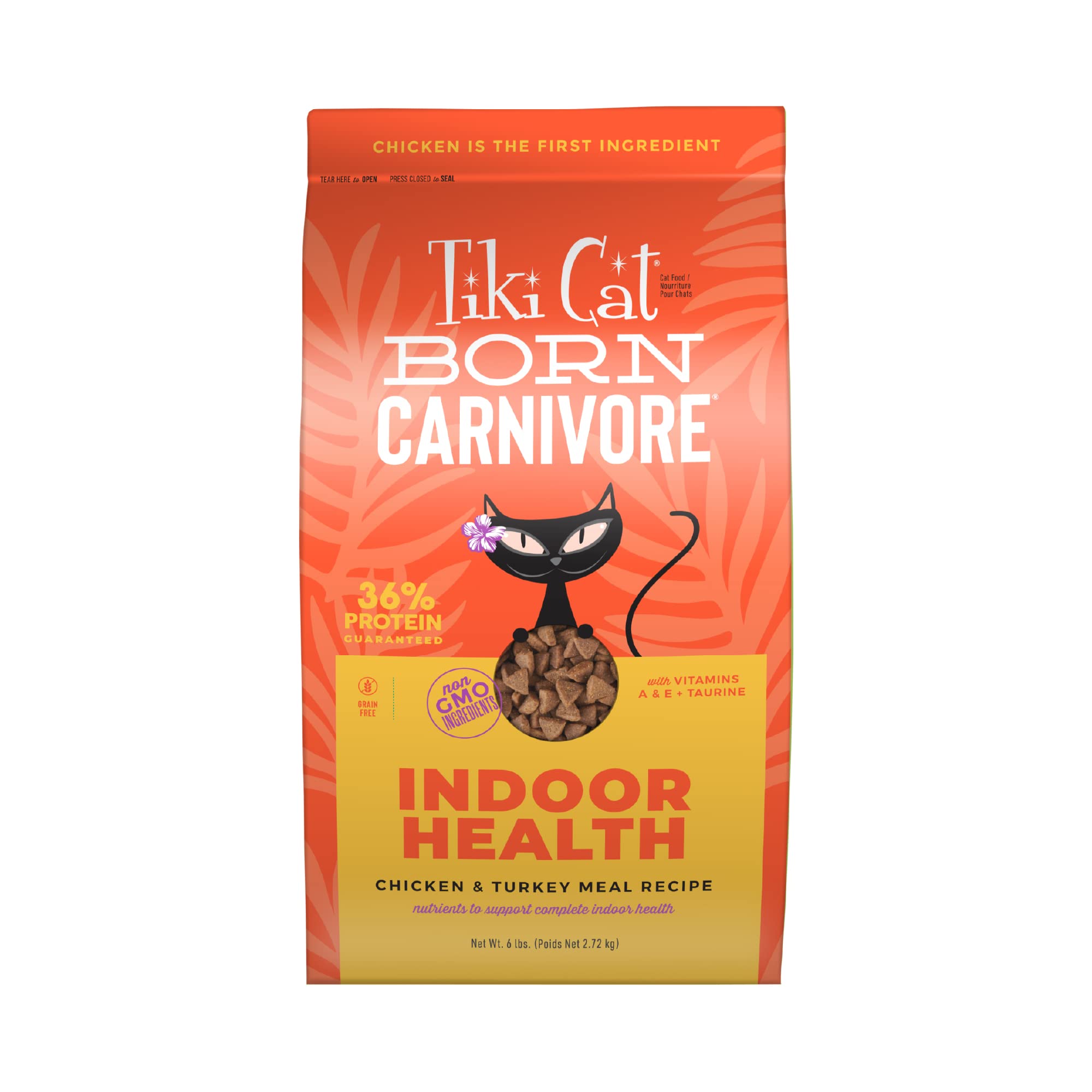 Tiki Cat Born Carnivore: alimento seco crujiente para gatos indoor que favorece la saciedad.