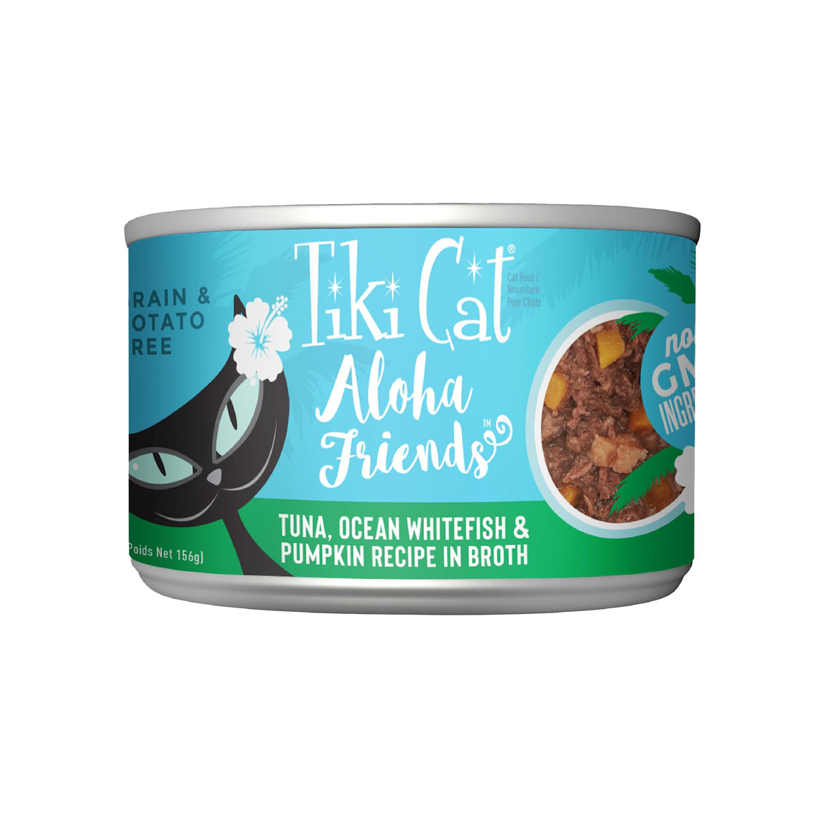 Tiki Cat Aloha Friends con atún y pez blanco en lata, ideal para hidratación del gato.
