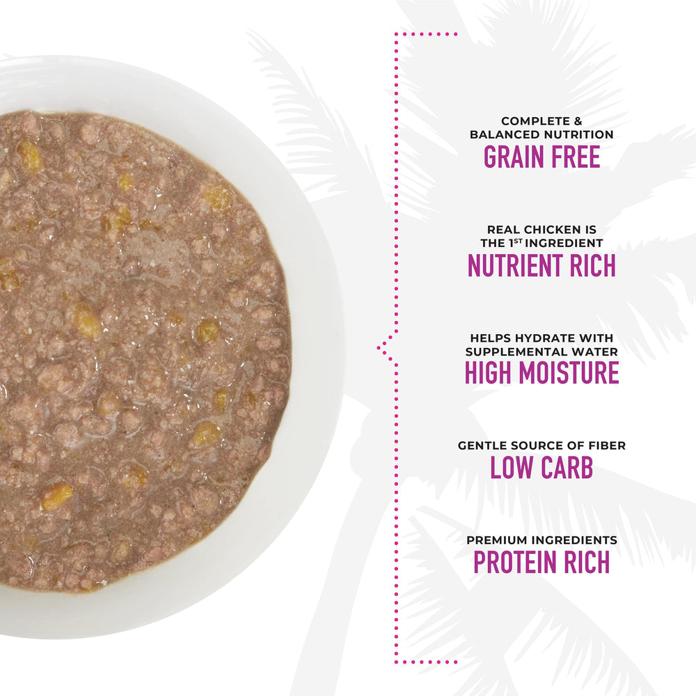 Tiki Cat Aloha Friends pollo real como primer ingrediente para proteína de calidad.