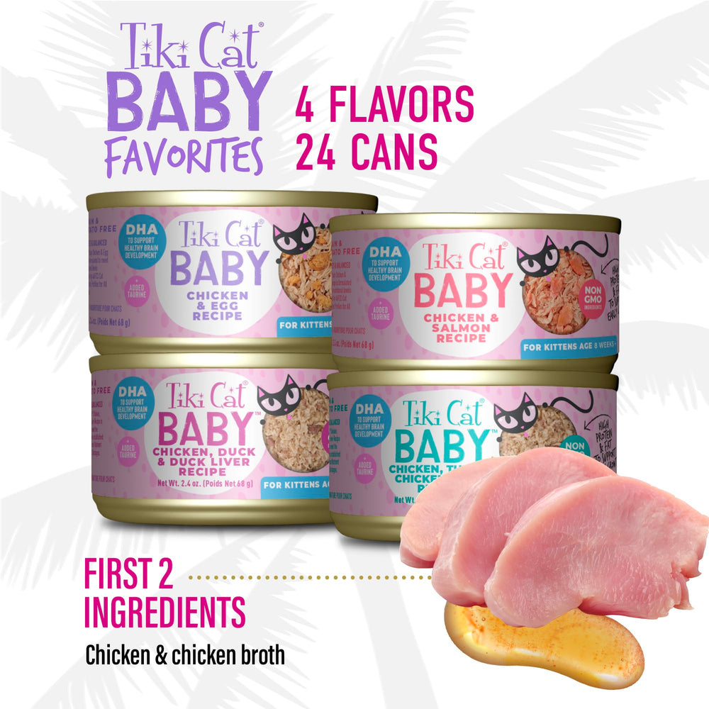 Hígado de pollo en Tiki Cat Baby Favorites, fuente de nutrientes para el crecimiento.