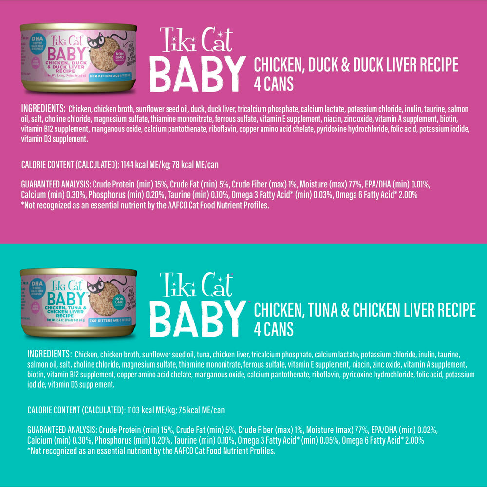 Lata abierta de Tiki Cat Baby Favorites muestra trozos tiernos.