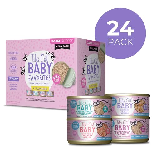 Trozos de pollo en Tiki Cat Baby Favorites para gatitos en crecimiento.