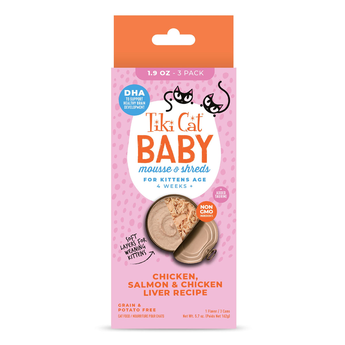 Tiki Cat Baby Mousse Shreds con pollo: capas delicadas para transición.