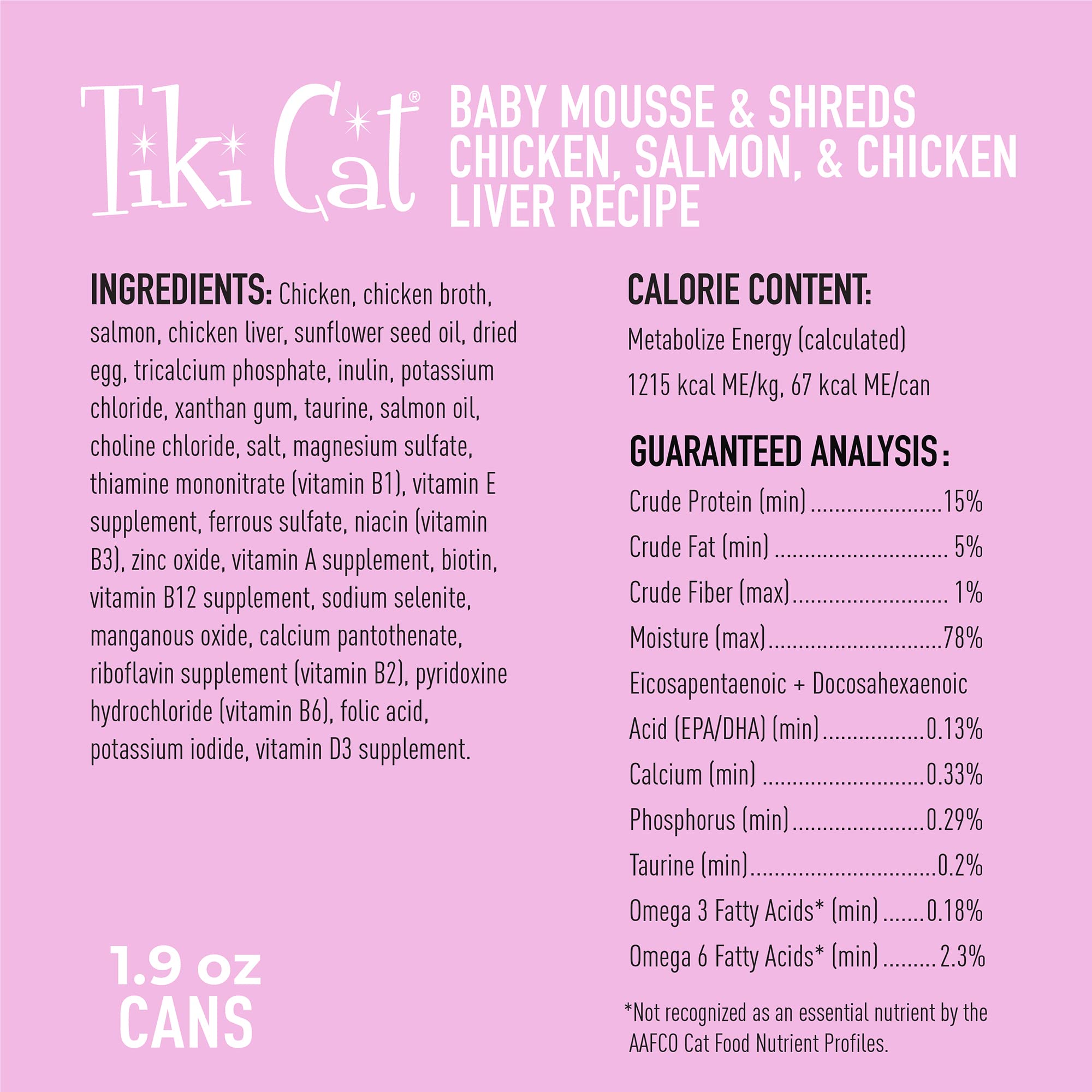 Tiki Cat Baby Mousse Shreds con taurina para desarrollo saludable.